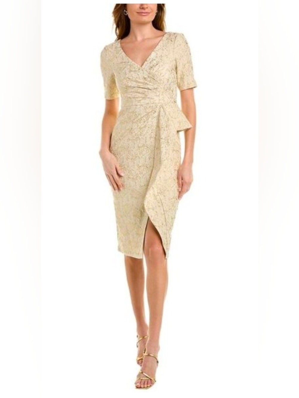 Aidan Mattox Brocade New Light Gold Short Sleeve Jacquard Dress Size 4